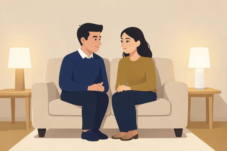 Duas pessoas sentadas em um sofá conversando em um ambiente acolhedor