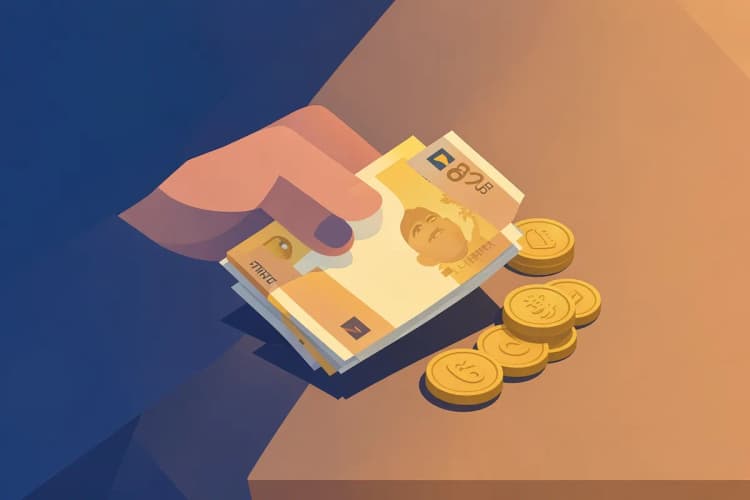 Mão segurando notas de dinheiro e moedas em cima de uma mesa