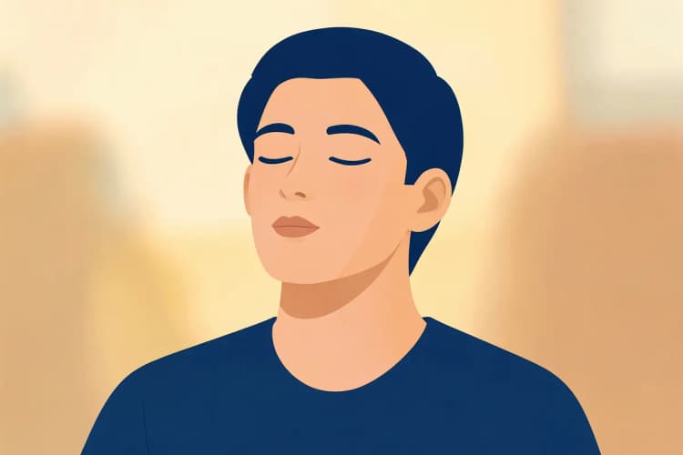 Pessoa respirando fundo com os olhos fechados