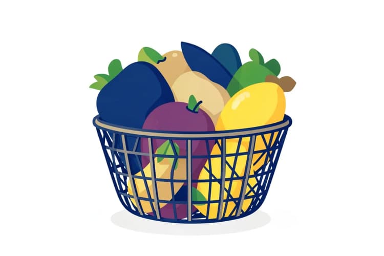 Variedade de frutas e vegetais frescos em uma cesta