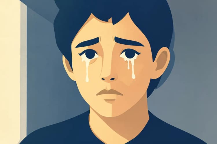Close-up de uma pessoa com expressão triste e olhos marejados