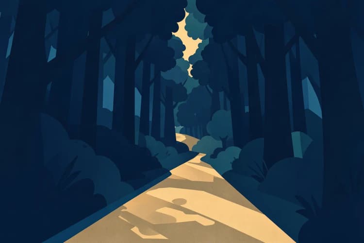 Caminho estreito e sinuoso em meio a uma floresta densa