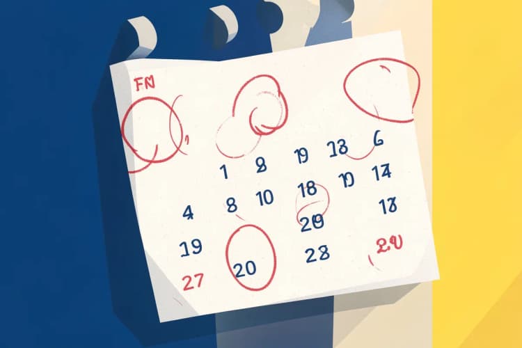 Calendário com dias marcados em vermelho