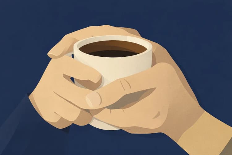 Mãos trêmulas segurando uma xícara de café