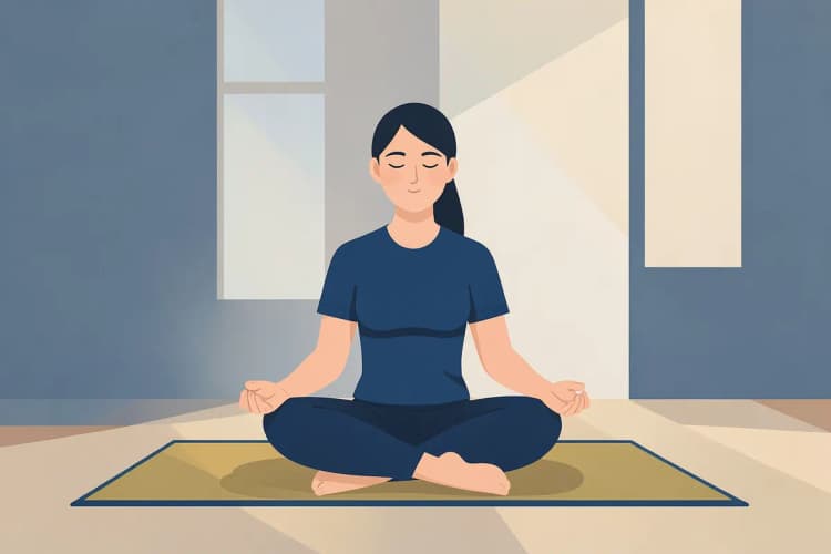 Pessoa praticando meditação sentada em um tapete de yoga.