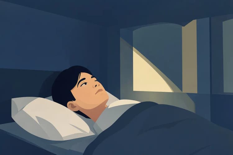 Pessoa deitada na cama, olhando para o teto com expressão vazia.