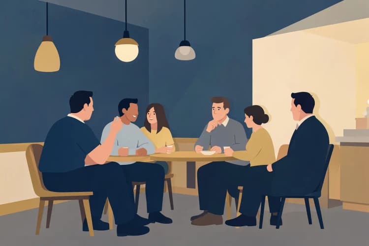 Grupo de pessoas conversando animadamente em um café, com uma pessoa isolada no canto.