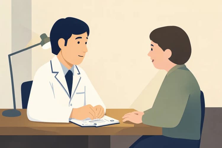Médico conversando com paciente em um consultório, com um prontuário fechado na mesa.