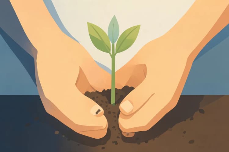 Mãos segurando um pequeno broto de planta crescendo na terra.